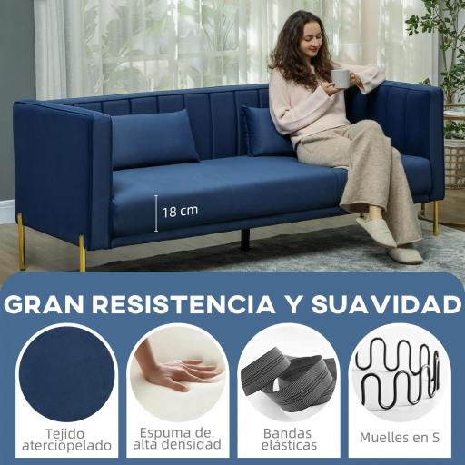 Sofá de 3 Plazas con Tapizado Aterciopelado Estructura Reforzada y Patas Doradas para Salón 194,5x76x76 cm Azul Marino [3]