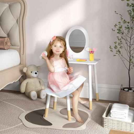 Tocador de Maquillaje para Niñas de +3 Años Tocador Infantil con Taburete y Espejo Diseño Sencillo Blanco