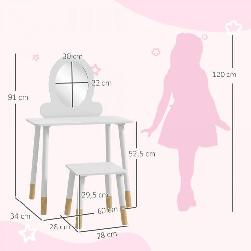 Tocador de Maquillaje para Niñas de +3 Años Tocador Infantil con Taburete y Espejo Diseño Sencillo Blanco [1]