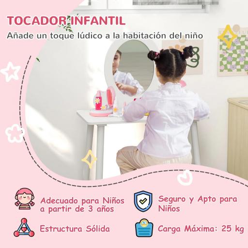 Tocador de Maquillaje para Niñas de +3 Años Tocador Infantil con Taburete y Espejo Diseño Sencillo Blanco [3]