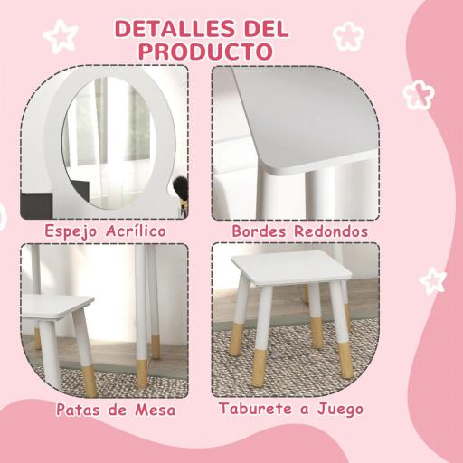 Tocador de Maquillaje para Niñas de +3 Años Tocador Infantil con Taburete y Espejo Diseño Sencillo Blanco [4]