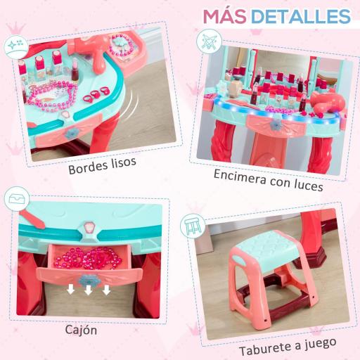 Tocador Infantil +3 Años con Taburete Espejo Luz Música y Secador Tocador de Maquillaje 57x34x76 cm Multicolor [1]