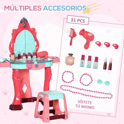 Tocador Infantil +3 Años con Taburete Espejo Luz Música y Secador Tocador de Maquillaje 57x34x76 cm Multicolor [2]