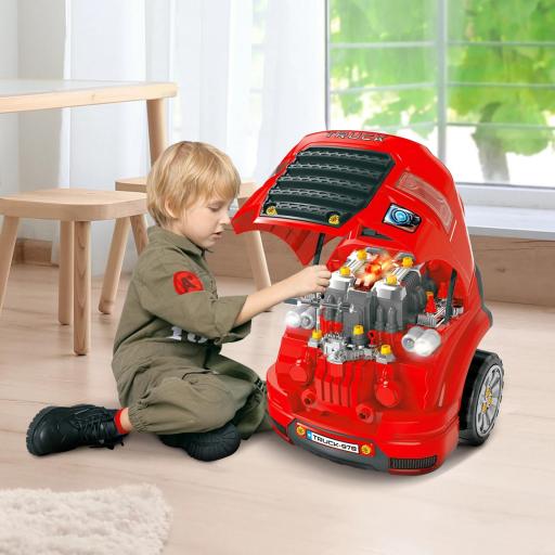 Motor de Camión para Niños de +3 Años Conjunto de Motor de Juguete con 61 Piezas Volante Bocina Faros Caja de Almacenaje y Ruedas 40x39x47 cm Rojo