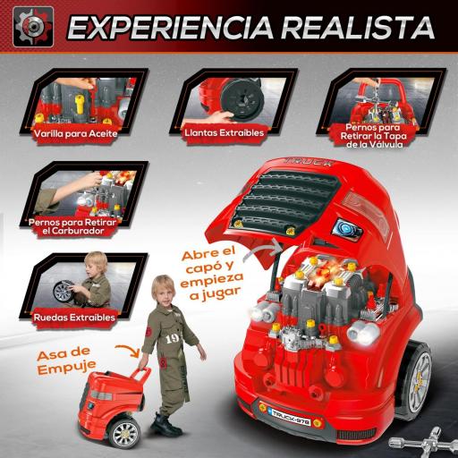 Motor de Camión para Niños de +3 Años Conjunto de Motor de Juguete con 61 Piezas Volante Bocina Faros Caja de Almacenaje y Ruedas 40x39x47 cm Rojo [5]