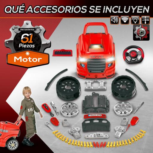 Motor de Camión para Niños de +3 Años Conjunto de Motor de Juguete con 61 Piezas Volante Bocina Faros Caja de Almacenaje y Ruedas 40x39x47 cm Rojo [2]