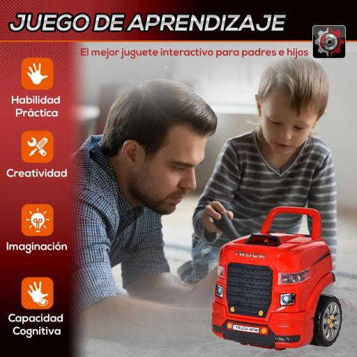 Motor de Camión para Niños de +3 Años Conjunto de Motor de Juguete con 61 Piezas Volante Bocina Faros Caja de Almacenaje y Ruedas 40x39x47 cm Rojo [3]