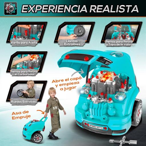 Juego Infantil de Motor con Herramientas 61 Piezas Volante Bocina Faros Caja de Almacenaje y Ruedas 40x39x47 cm Turquesa [3]