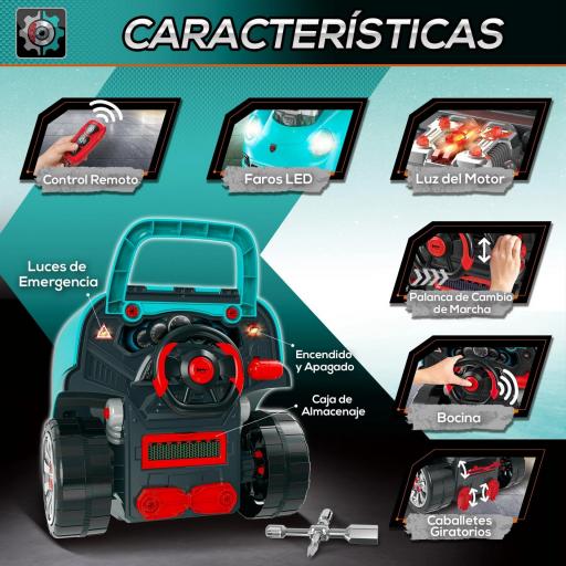 Juego Infantil de Motor con Herramientas 61 Piezas Volante Bocina Faros Caja de Almacenaje y Ruedas 40x39x47 cm Turquesa [4]