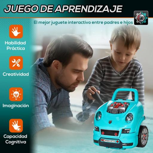 Juego Infantil de Motor con Herramientas 61 Piezas Volante Bocina Faros Caja de Almacenaje y Ruedas 40x39x47 cm Turquesa [2]