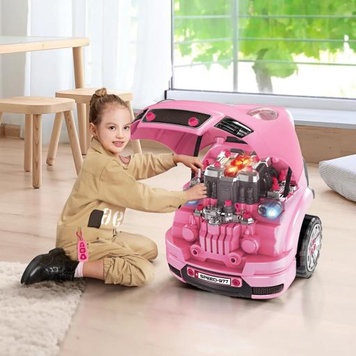 Juego Infantil de Motor con Herramientas 61 Piezas Volante Bocina Faros Caja de Almacenaje y Ruedas 40x39x47 cm Rosa