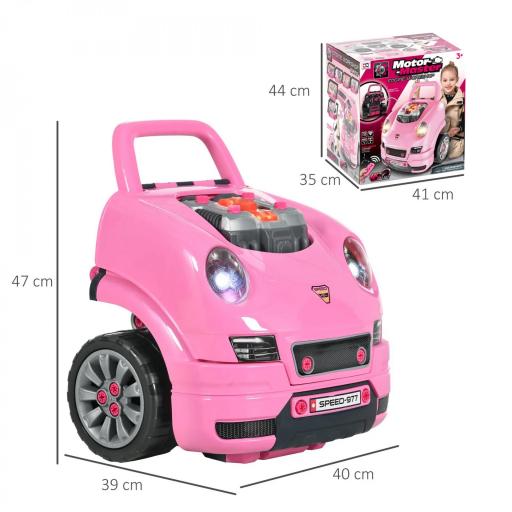 Juego Infantil de Motor con Herramientas 61 Piezas Volante Bocina Faros Caja de Almacenaje y Ruedas 40x39x47 cm Rosa [1]