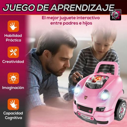 Juego Infantil de Motor con Herramientas 61 Piezas Volante Bocina Faros Caja de Almacenaje y Ruedas 40x39x47 cm Rosa [3]