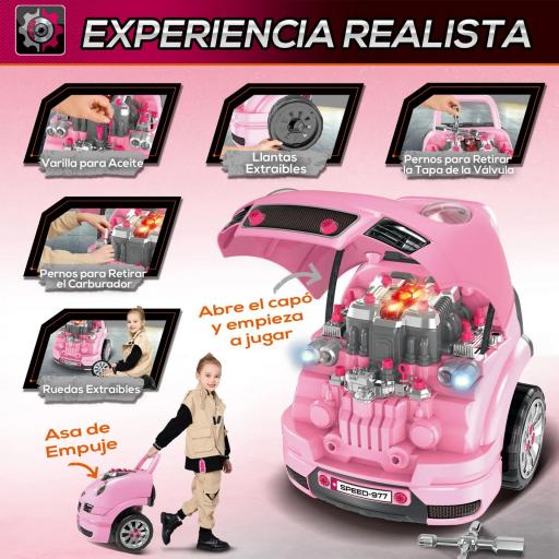 Juego Infantil de Motor con Herramientas 61 Piezas Volante Bocina Faros Caja de Almacenaje y Ruedas 40x39x47 cm Rosa [4]
