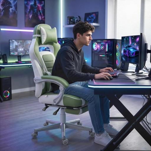 Silla Gamer Reclinable con Altura Ajustable Reposapiés Retráctil Soporte Lumbar y Reposacabezas Desmontable Verde [6]
