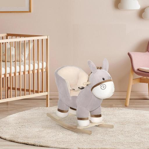 Caballito Balancín Infantil en Forma de Burro de Felpa para Bebés 18-36 Meses con Sonido y Cinturón 61x34x58 cm Gris 