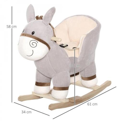 Caballito Balancín Infantil en Forma de Burro de Felpa para Bebés 18-36 Meses con Sonido y Cinturón 61x34x58 cm Gris  [1]