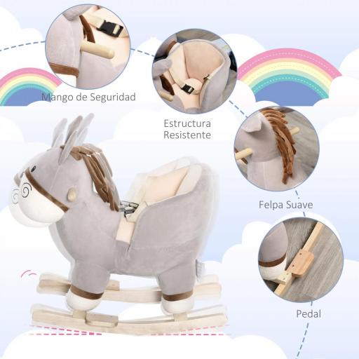 Caballito Balancín Infantil en Forma de Burro de Felpa para Bebés 18-36 Meses con Sonido y Cinturón 61x34x58 cm Gris  [8]