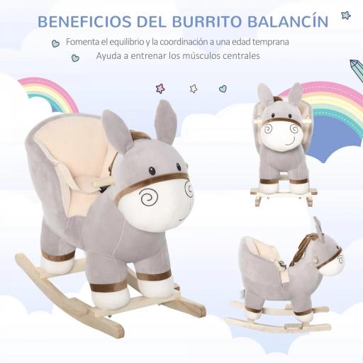 Caballito Balancín Infantil en Forma de Burro de Felpa para Bebés 18-36 Meses con Sonido y Cinturón 61x34x58 cm Gris  [5]