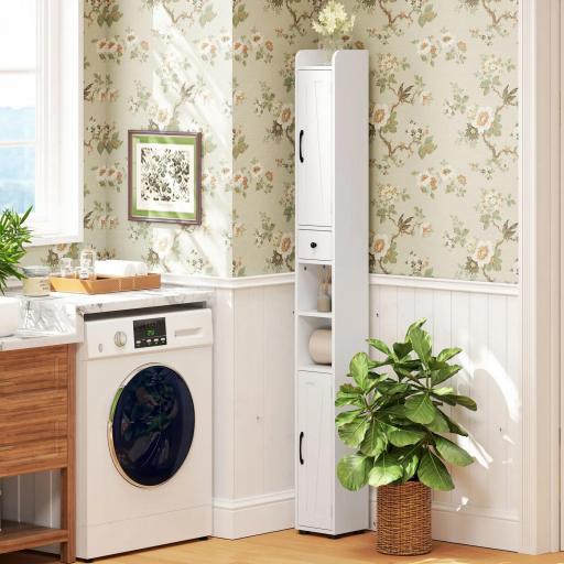 Columna de Baño con 2 Puertas Compartimento Abierto Estantes Ajustables y Portarrollos 20x20x185 cm Blanco [7]