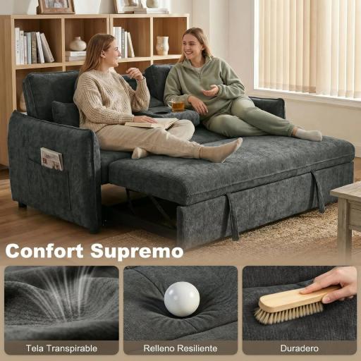 Sofá Cama 2 Plazas 3 en 1 con Mesa Auxiliar Portavasos Respaldo Ajustable Bolsillos Laterales 2 Almohadas Gris Oscuro [7]