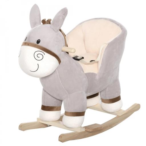 Caballito Balancín Infantil en Forma de Burro de Felpa para Bebés 18-36 Meses con Sonido y Cinturón 61x34x58 cm Gris  [2]