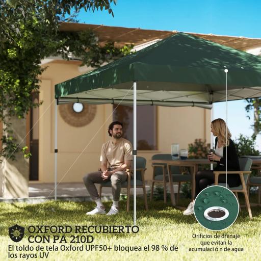 Carpa Plegable Pop-up 3x3 m con Pared Lateral UPF50+ Altura Ajustable Empuje Central Bolsa de Transporte Verde [5]