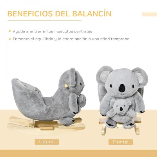 Caballito Balancín Infantil en Forma de Koala con Títere para Bebés 18-36 Meses con Sonido Cinturón de Seguridad y Reposapiés 60x33x50 cm Gris [2]
