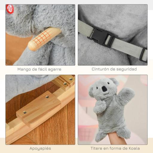 Caballito Balancín Infantil en Forma de Koala con Títere para Bebés 18-36 Meses con Sonido Cinturón de Seguridad y Reposapiés 60x33x50 cm Gris [3]