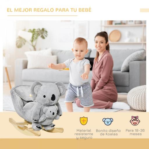 Caballito Balancín Infantil en Forma de Koala con Títere para Bebés 18-36 Meses con Sonido Cinturón de Seguridad y Reposapiés 60x33x50 cm Gris [4]