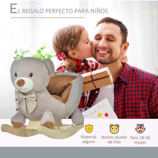 Caballito Balancín Infantil en Forma de Osito de Felpa para Bebés 18-36 Meses con Sonido y Cinturón 60x33x50 cm Gris [2]