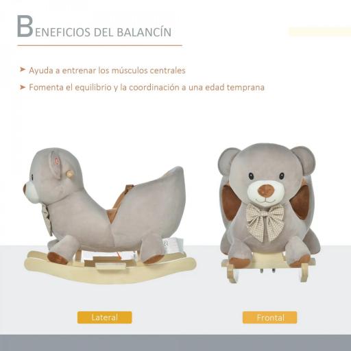 Caballito Balancín Infantil en Forma de Osito de Felpa para Bebés 18-36 Meses con Sonido y Cinturón 60x33x50 cm Gris [9]