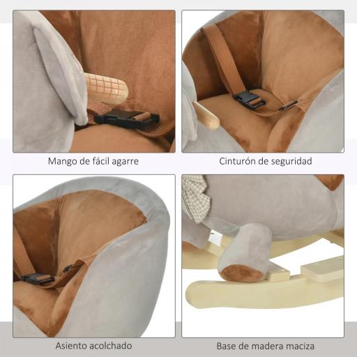 Caballito Balancín Infantil en Forma de Osito de Felpa para Bebés 18-36 Meses con Sonido y Cinturón 60x33x50 cm Gris [6]