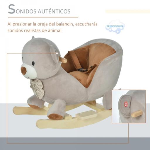 Caballito Balancín Infantil en Forma de Osito de Felpa para Bebés 18-36 Meses con Sonido y Cinturón 60x33x50 cm Gris [7]
