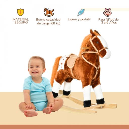 Caballito Balancín de Felpa Suave para Niños de 3-6 Años con Sonidos de Relincho 74x28x65 cm Marrón [3]