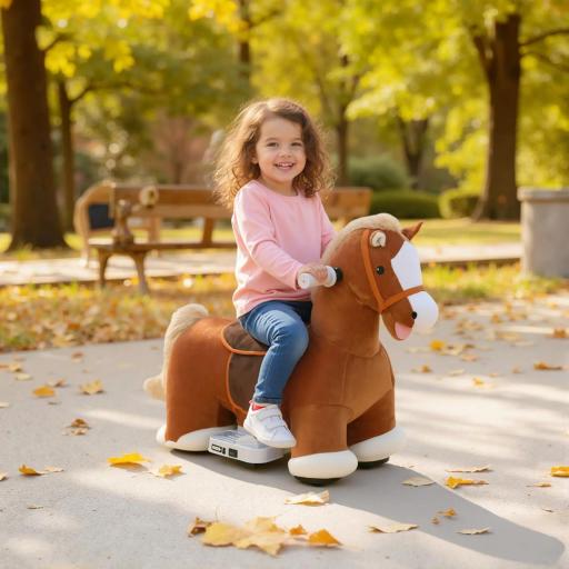 Caballo montable para niños, funda suave, alimentación por batería, música, ruedas, 1,5-5 años, Marrón