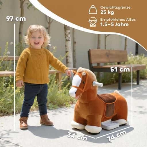 Caballo montable para niños, funda suave, alimentación por batería, música, ruedas, 1,5-5 años, Marrón [3]