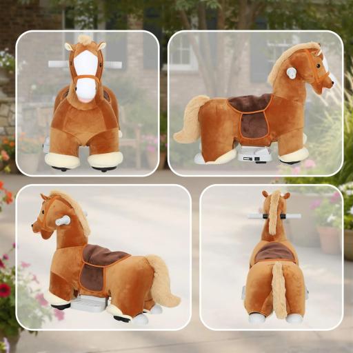Caballo montable para niños, funda suave, alimentación por batería, música, ruedas, 1,5-5 años, Marrón [5]
