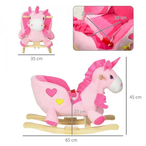 Caballito Balancín Infantil en Forma de Unicornio con Música Cinturón de Seguridad Manillar y Reposapiés 65x35x45cm Rosa [7]