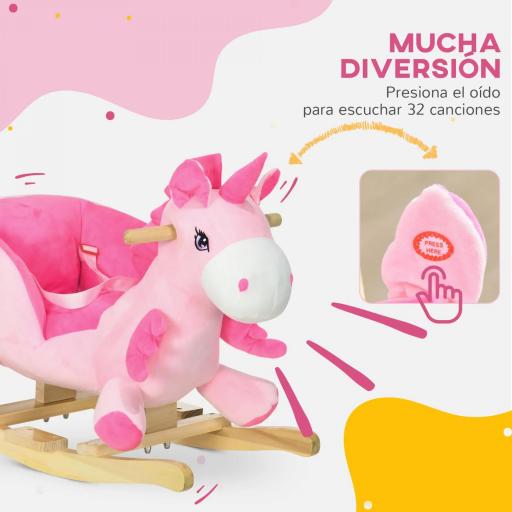 Caballito Balancín Infantil en Forma de Unicornio con Música Cinturón de Seguridad Manillar y Reposapiés 65x35x45cm Rosa [2]