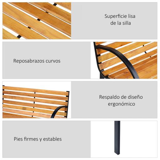 Banco de Jardín de Madera de 2 Plazas 122x60x83 cm con Respaldo y Apoyabrazos Listones y Marco de Acero Carga 220 kg Color Natural y Negro [6]