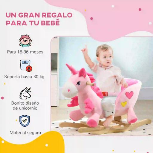 Caballito Balancín Infantil en Forma de Unicornio con Música Cinturón de Seguridad Manillar y Reposapiés 65x35x45cm Rosa [1]