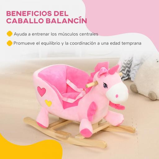 Caballito Balancín Infantil en Forma de Unicornio con Música Cinturón de Seguridad Manillar y Reposapiés 65x35x45cm Rosa [9]