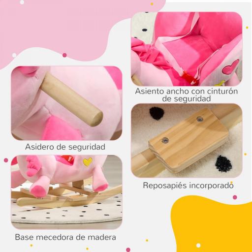 Caballito Balancín Infantil en Forma de Unicornio con Música Cinturón de Seguridad Manillar y Reposapiés 65x35x45cm Rosa [8]