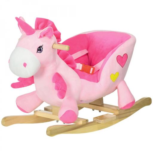 Caballito Balancín Infantil en Forma de Unicornio con Música Cinturón de Seguridad Manillar y Reposapiés 65x35x45cm Rosa [6]