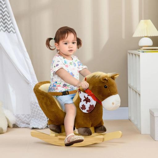 Caballo Balancín Infantil con Sonidos de Animal Cinturón de Seguridad Manillar y Reposapiés Carga 40 kg 60x33x50 cm Café