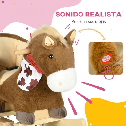 Caballo Balancín Infantil con Sonidos de Animal Cinturón de Seguridad Manillar y Reposapiés Carga 40 kg 60x33x50 cm Café [3]