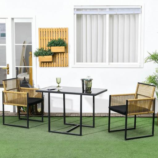 Set de Mesa de Cristal y 2 Sillas de Ratán Sintético con Respaldos Plegables Diseño Anidado con Cojines Natural y Negro [0]