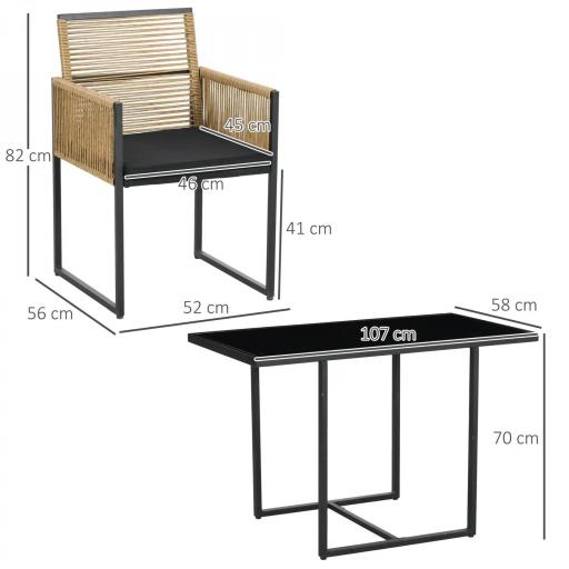 Set de Mesa de Cristal y 2 Sillas de Ratán Sintético con Respaldos Plegables Diseño Anidado con Cojines Natural y Negro [1]