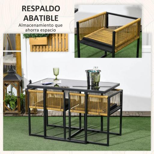 Set de Mesa de Cristal y 2 Sillas de Ratán Sintético con Respaldos Plegables Diseño Anidado con Cojines Natural y Negro [4]